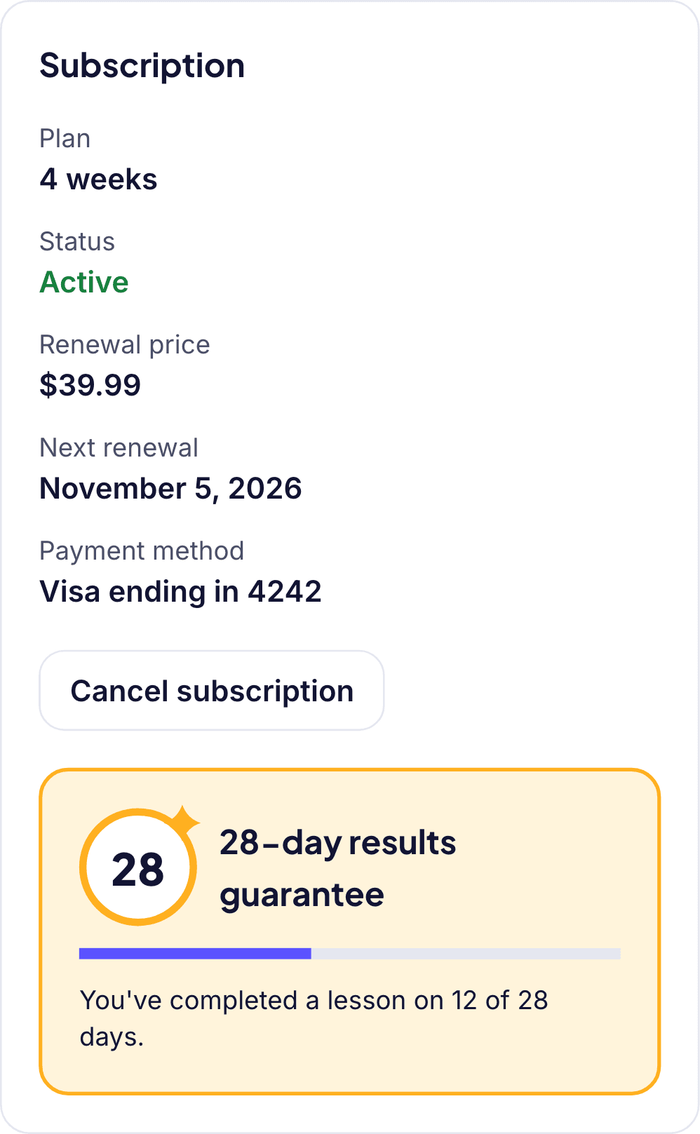 Subscription section of the profile, with the Cancel subscription button