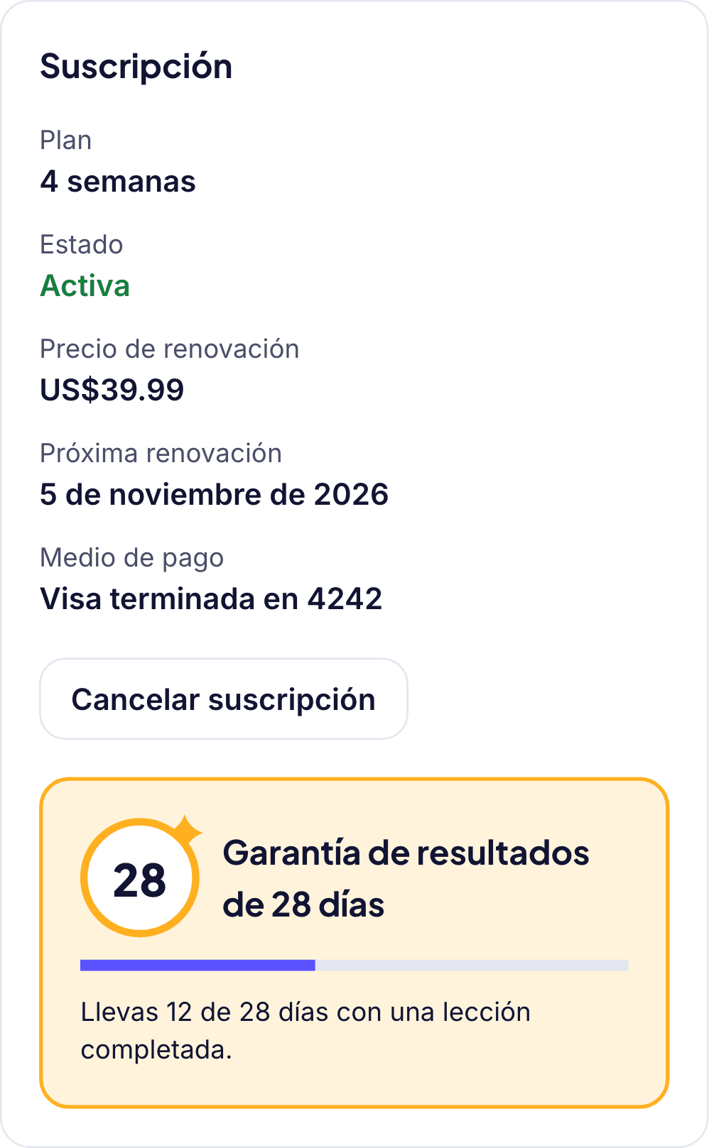 Sección Suscripción del perfil, con el botón Cancelar suscripción